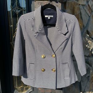 Like New Cabi Nautical White & Navy/Black Striped Ponte Knit Jacket Blazer
